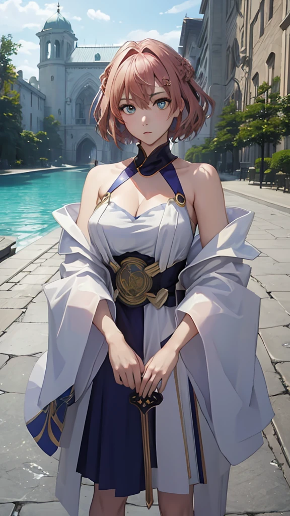 (masterpiece, 4K ,Super detailed:1.2), (anime:1), whole body側面図, jRPG Characters, jRPG Characters art, RPG Characters, Dynamic posture, Swordsman, Strong women, tall, Holding a sword, View Viewer, short hair, Knight Commander, (Medieval), whole body, (Perfect quality), Pure white background, Lots of white space, whole bodyが写っている, whole body写真