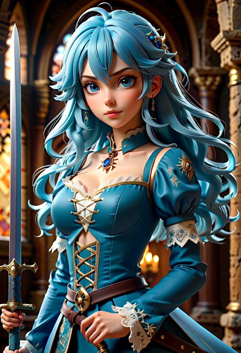 Super Fine、Complex 3D rendering,Presenting beautiful anime characters, Beautiful soft studio lighting, Rim Light, Vivid details,luxury, Lace, Surrealism, Blue Hair, A surreal medieval world showing off private parts, Holding a sword