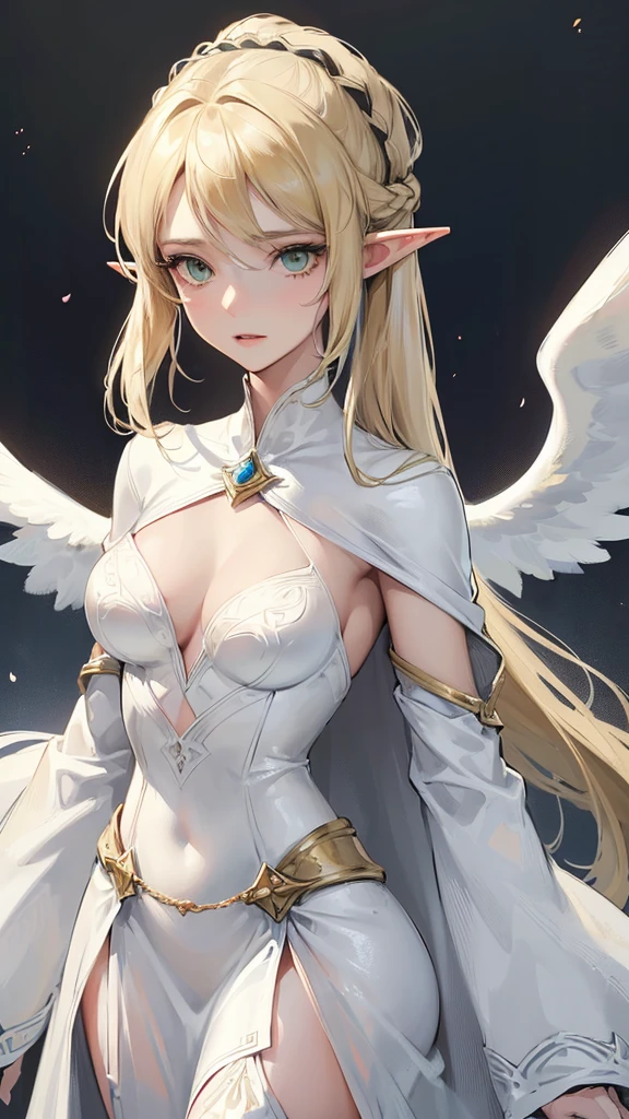 Photograph of the upper body of a beautiful woman, (nomal breasts, perfect body), Sharp focus, (proportional body , mature woman), ((Looking ahead)), (Highly detailed skin, hair follicles:1.4,),
( long hairstyles) blond hair, green eyes, angels , elf ears, fantasy (wear white cape), (white cloth), warriors , elegant, luxury, long skirts