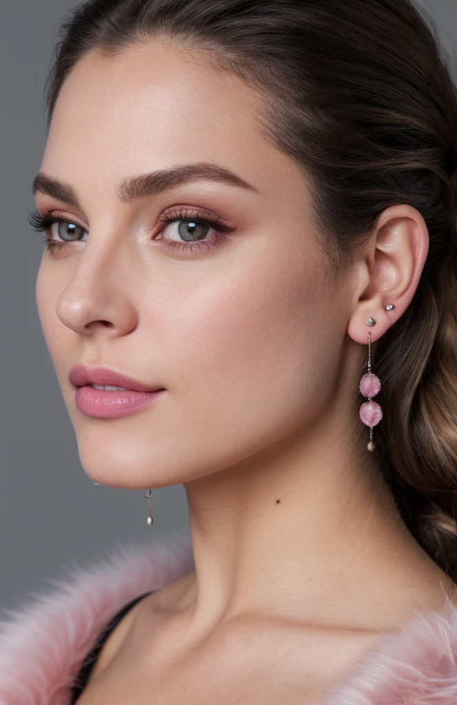 Women,portrait,beautiful,realistic eyes,cross earrings,ear piercing,earrings,Gray background,photo and gross,8k hd,DSLR,soft lighting,high quality,film grain, pink fur