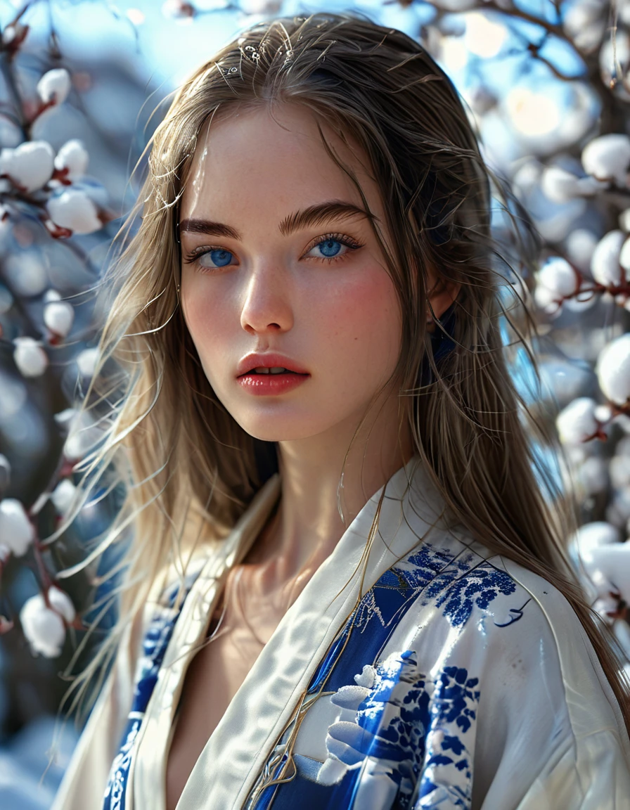 bombshell beauty, close up of face, young woman, 22 year old woman, young, woman who looks like a model from Paris Fashion Week, silvery long hair, straight hair texture, straight hair, silvery eyebrows, blue eyes, beautiful detailed eyes, white skin, ridiculously long hair, perfect face, high resolution, sharp focus, ultra detailed, highly detailed, photorealistic artwork, highly detailed CG unity, 8k, wallpaper, vibrant colors, vibrant theme, exquisite, masterpiece, best quality, artistic photography, photo by sldr, exquisite background) perfectly rendered face, perfect facial details, realistic face, photorealistic, exquisite details, realism, snowstorm, wide field of view, background is snowy mountains, white kimono