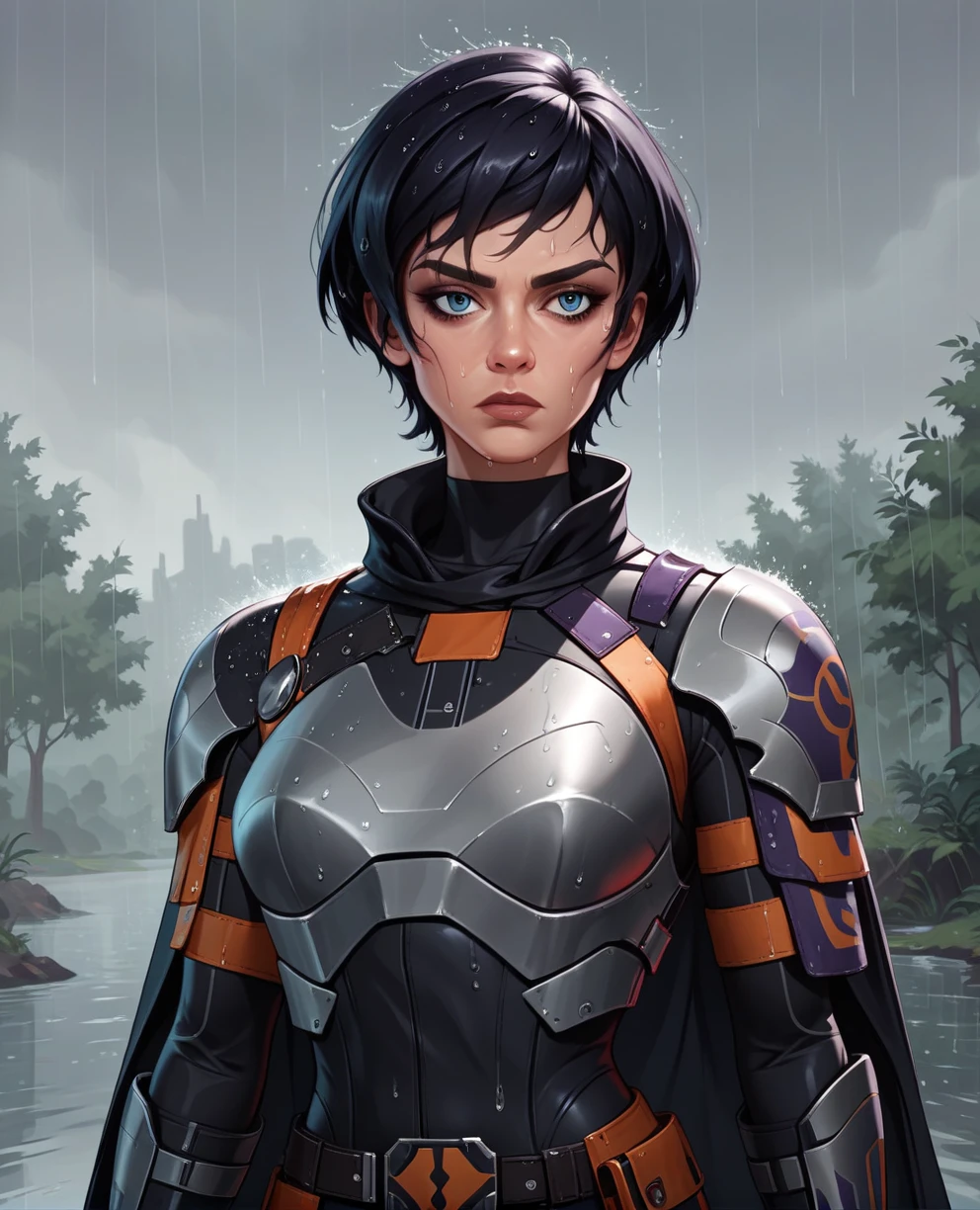 score_9,score_8_up,score_7_up,score_6_up, sabine wren ,,black hair, upper body, wet, armor,gloves,black bodysuit,black cape,belt,rain, science fiction,sith base, star wars, outdoors, rain, solo,fflixbag wearing armor sabine wren
