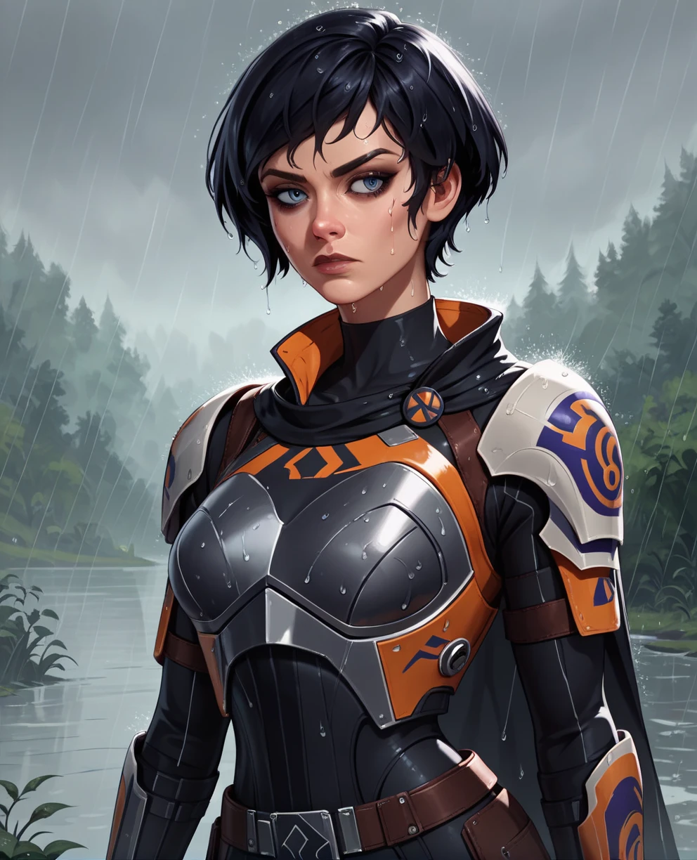 score_9,score_8_up,score_7_up,score_6_up, sabine wren ,,black hair, upper body, wet, armor,gloves,black bodysuit,black cape,belt,rain, science fiction,sith base, star wars, outdoors, rain, solo,fflixbag wearing armor sabine wren