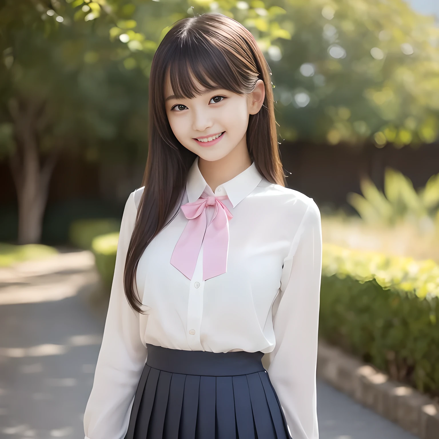 (highest quality, masterpiece:1.2), highest quality, High resolution, 1080P, 8K, Height: 158cm, ((A noble and intelligent girl like Japanese cute girly lady is hypnotizing and giggling, A very sweet, very noble, pretty and neat Japanese beautiful cute girl. Realistic very girly sweet cute princess is standing)), ((((, popular fashion model)))), ((((White face with plump cheeks)))), Glossy lips, (Evenly cut bangs), ((Very beautifully laughing brown drooping gooey eyes)), (The very large, shiny, wide yellow ribbon bow-tie on her chest is very cute)., ((straight black very very long straight hair)), (((pink colored blouse))), (A neat school uniform), Very lustrous, glossy lips, Open hand over open mouth, Beautiful hair like a hair model, yellow hair ribbons, ((black pleated long skirt)), Watching the viewer and laughing, ((Incredibly well organized, The expression is rich. plump and beautiful skin and face)), ((Pure and clear sweetly smiling eyes)), Long eyelashes, ((smiling at me)), Glossy Lips, ((noble and neat)), ((Like a succubus is fascinating with magic and giggling)), ((((fascinating)))), ((up-curved lips)), ((looking at the viewer))