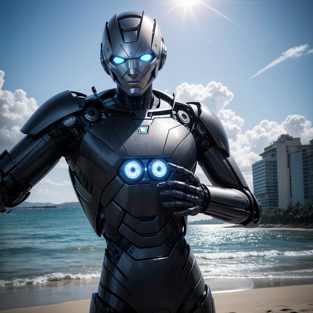 Half-robot man,using suit,beachfront, brain connected to artificial intelligence 
