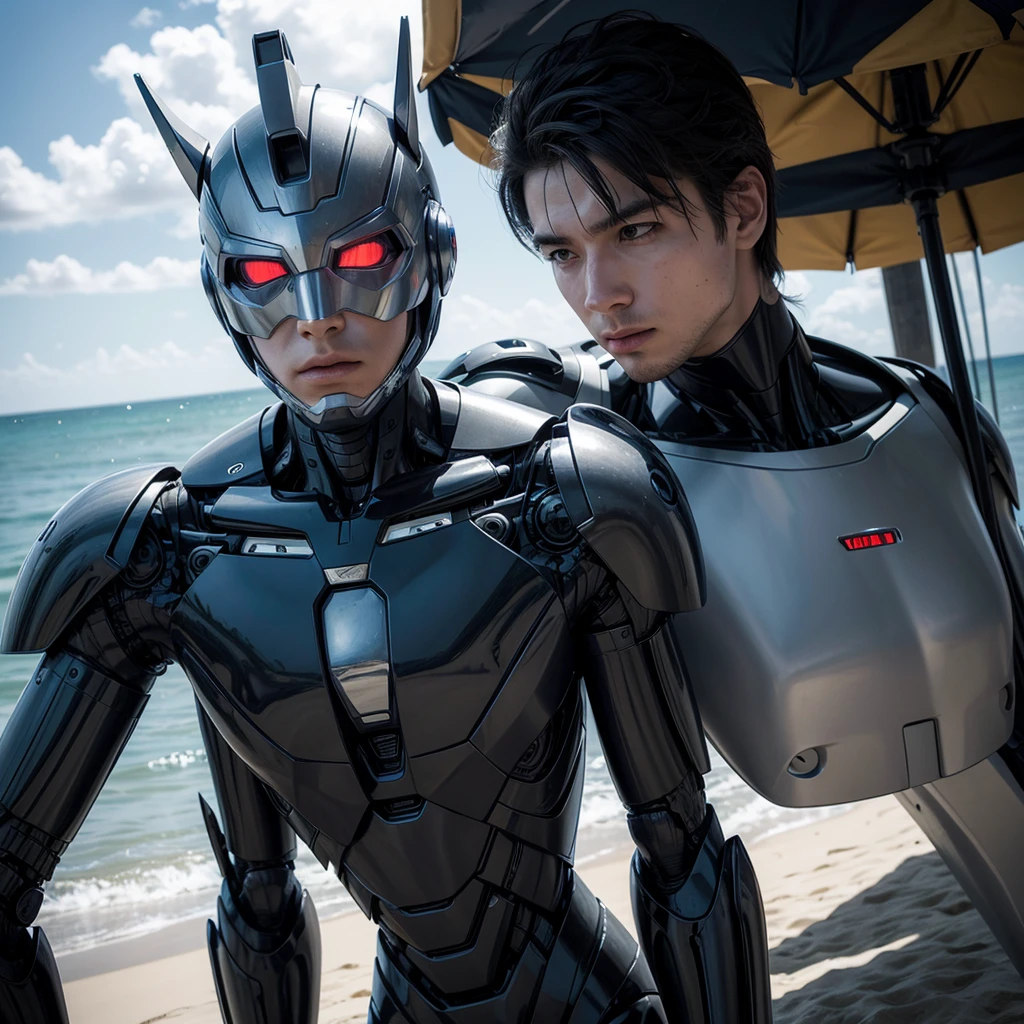 Half-robot man,using suit,beachfront, brain connected to artificial intelligence
