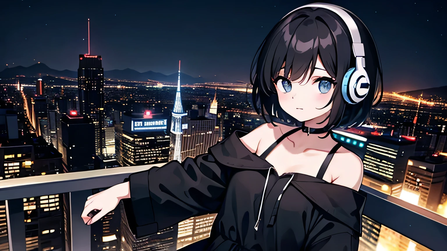 Black short Hair, Black Clothing, One Adult Woman Looking Sideways ,Blue headphones、 City of night, Delicate background、Masterpiece、Night Town、night、dark、Nostalgic、City