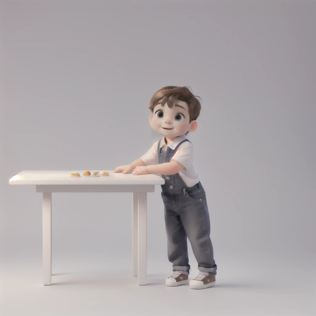 there is a baby standing on a white table with a gray background, Youngh and cute, crawling towards the camera, standing at a table, cute boy, back and standing, studio portrait photography, studio portrait photo, standing on a shelf, standing on two legs, in front of the white back drop, Youngh , studio photography portrait, cute and fun, full body shot photograph