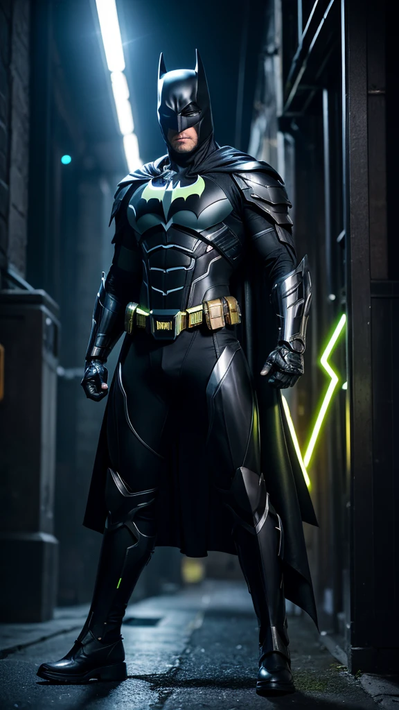 Masterpiece, best quality, NVIDIA RTX, sharp picture, cinematic lightning, hi-tech futuristic batman, perfect face details, proportional body, facial hair, luminous eyes:1.3, perfect mouth:1.3, neon luminous mecha-armor:1.3, black gold cybernetic-armor:1.3, perfect cape, cape blown by strong winds:1.3, symmetrical pose, full body, epic lights reflection, night, dark alley, fogs