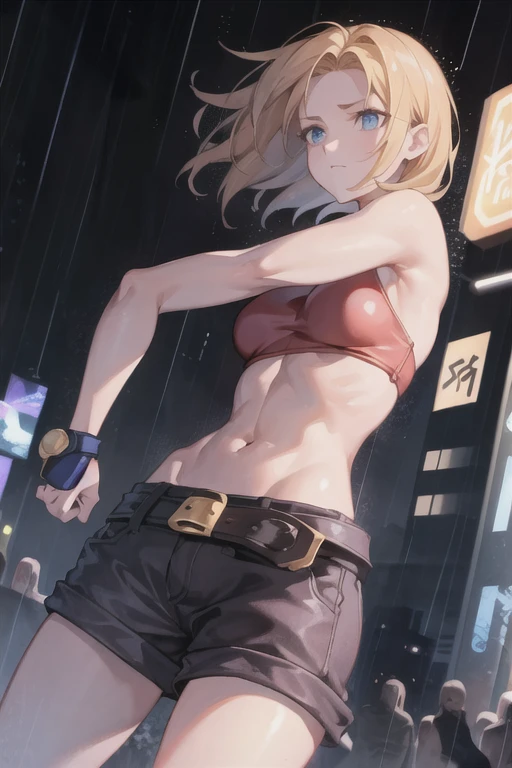 Maryams,best quality,(beauty),masterpiece, 1 Girl,Physically Based Rendering ,Ultra-high resolution,Willow Waist, Skinny,big eyes,Long legs,(Small Breasts),Puffy eyes, night,(rainy city), Glowing skin, For the audience, Fighting Stance, (make a fist),firm expression,