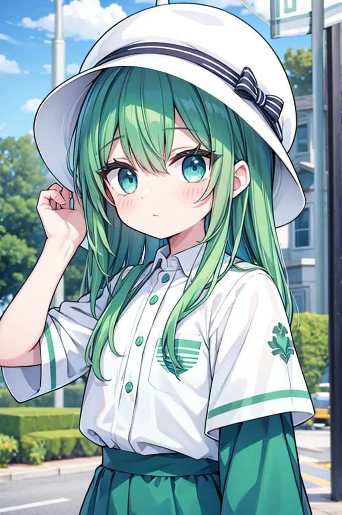 boyish Green Hair Blue clothes White hat