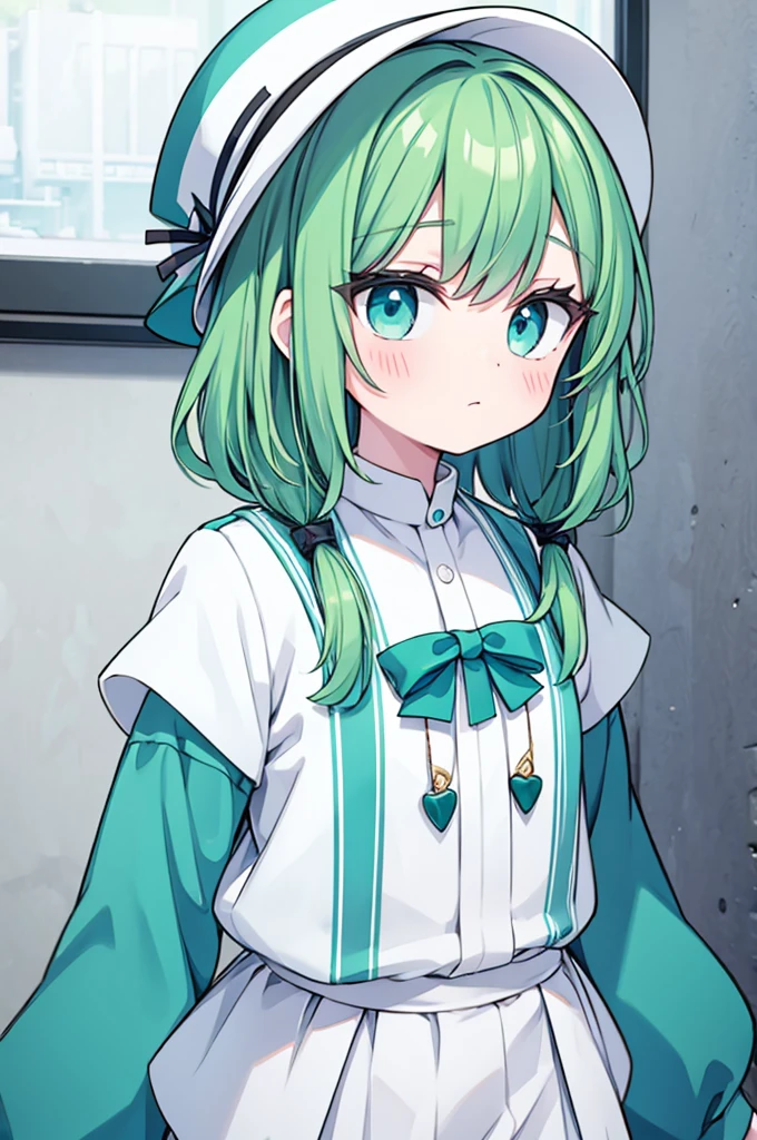 boyish Green Hair Blue clothes White hat