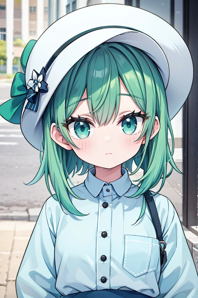 boyish Green Hair Blue clothes White hat