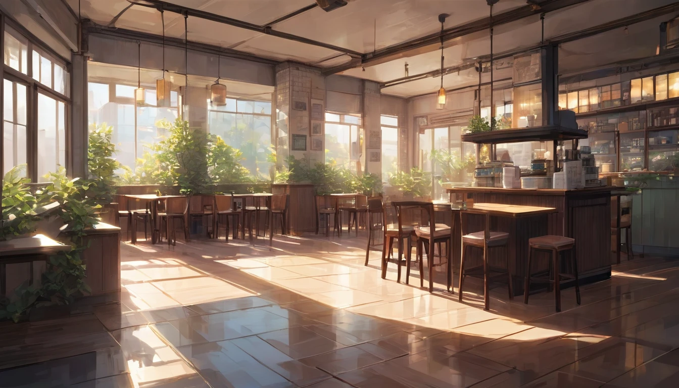 Generate an anime-style illustration in lofi aesthetic depicting an empty café with a serene and welcoming atmosphere. The café interior should be detailed, showcasing cozy seating arrangements, warm lighting, and shelves stocked with books or decorations. Ensure the setting feels inviting and tranquil, with subtle elements like steam rising from a cup of coffee, soft background music playing, and sunlight filtering through windows. The background should feature a high level of detail, including textured walls, polished floors, and perhaps a glimpse of outdoor scenery through the windows. Emphasize a color palette of muted tones and soft hues to enhance the calming ambiance. The final image should be in high resolution, free of distortions, with precise details and a professional finish.