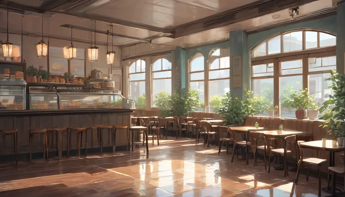 Generate an anime-style illustration in lofi aesthetic depicting an empty café with a serene and welcoming atmosphere. The café interior should be detailed, showcasing cozy seating arrangements, warm lighting, and shelves stocked with books or decorations. Ensure the setting feels inviting and tranquil, with subtle elements like steam rising from a cup of coffee, soft background music playing, and sunlight filtering through windows. The background should feature a high level of detail, including textured walls, polished floors, and perhaps a glimpse of outdoor scenery through the windows. Emphasize a color palette of muted tones and soft hues to enhance the calming ambiance. The final image should be in high resolution, free of distortions, with precise details and a professional finish.