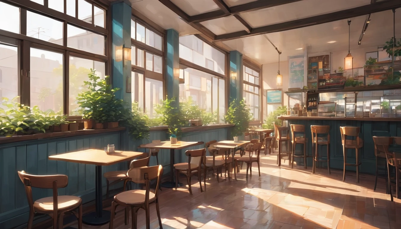 Generate an anime-style illustration in lofi aesthetic depicting an empty café with a serene and welcoming atmosphere. The café interior should be detailed, showcasing cozy seating arrangements, warm lighting, and shelves stocked with books or decorations. Ensure the setting feels inviting and tranquil, with subtle elements like steam rising from a cup of coffee, soft background music playing, and sunlight filtering through windows. The background should feature a high level of detail, including textured walls, polished floors, and perhaps a glimpse of outdoor scenery through the windows. Emphasize a color palette of muted tones and soft hues to enhance the calming ambiance. The final image should be in high resolution, free of distortions, with precise details and a professional finish.