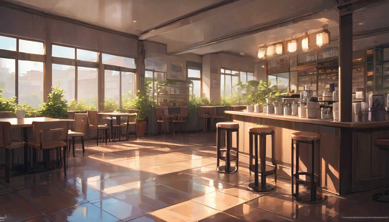Generate an anime-style illustration in lofi aesthetic depicting an empty café with a serene and welcoming atmosphere. The café interior should be detailed, showcasing cozy seating arrangements, warm lighting, and shelves stocked with books or decorations. Ensure the setting feels inviting and tranquil, with subtle elements like steam rising from a cup of coffee, soft background music playing, and sunlight filtering through windows. The background should feature a high level of detail, including textured walls, polished floors, and perhaps a glimpse of outdoor scenery through the windows. Emphasize a color palette of muted tones and soft hues to enhance the calming ambiance. The final image should be in high resolution, free of distortions, with precise details and a professional finish.