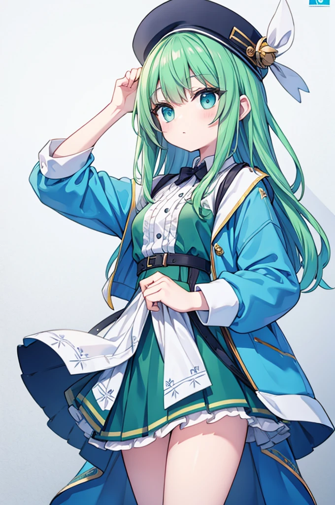 boyish Green Hair Blue clothes White hat