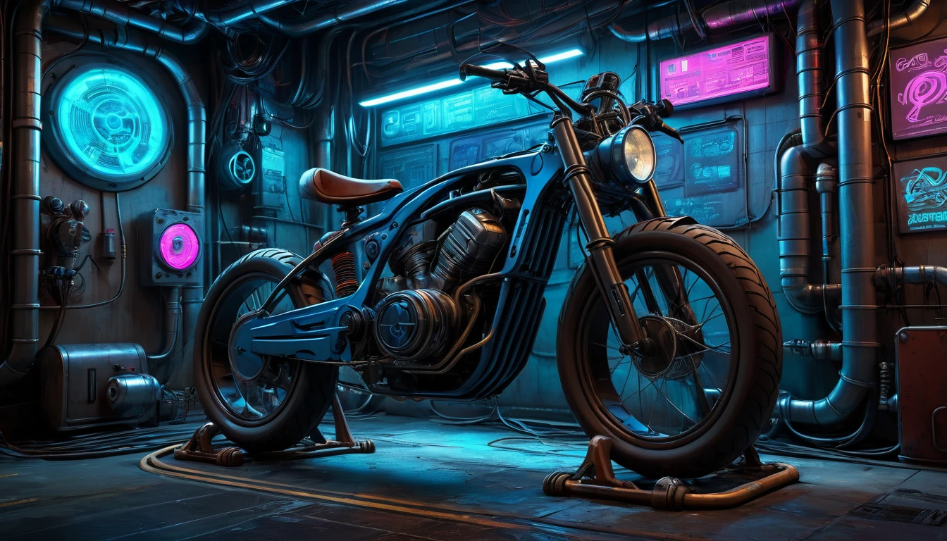 a bicycle,Super power plant,Various pipes,Wires connected to the bicycle,Cyberpunk style,Blue technology atmosphere,(masterpiece),(best quality),(Best details)