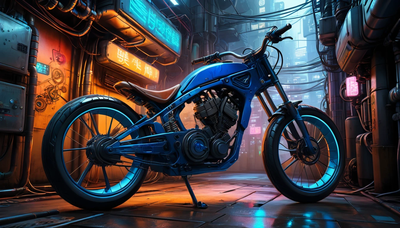 a bicycle，Super power plant，Various pipes，Wires connected to the bicycle，Cyberpunk style，Blue technology atmosphere，（masterpiece），（best quality），（Best details）