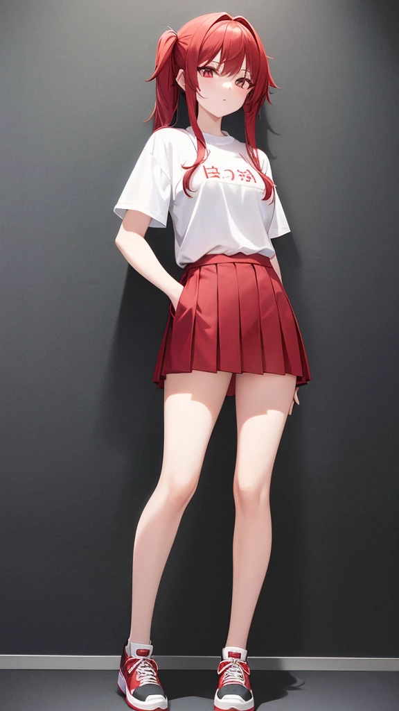 Girl in shorts (pleated yoke skirt), clothes red and black, White-red hair, Twin-Tail, with beautiful inscriptions on the wall (Background). Full length 2D wallpaper.