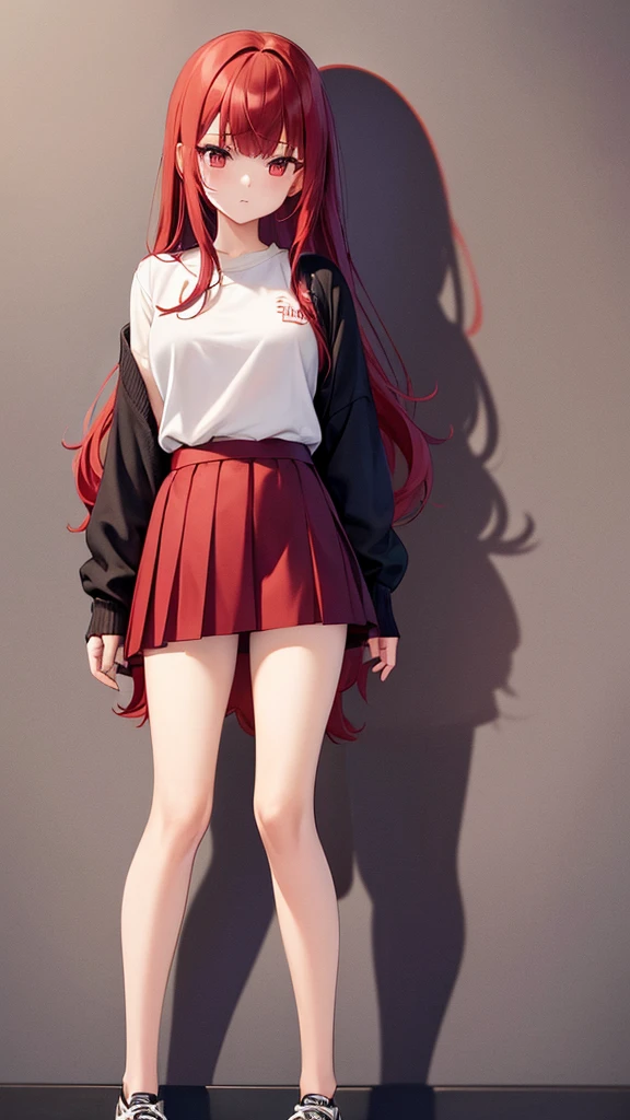 Girl in shorts (pleated yoke skirt), clothes red and black, White-red hair, Twin-Tail, with beautiful inscriptions on the wall (Background). Full length 2D wallpaper.