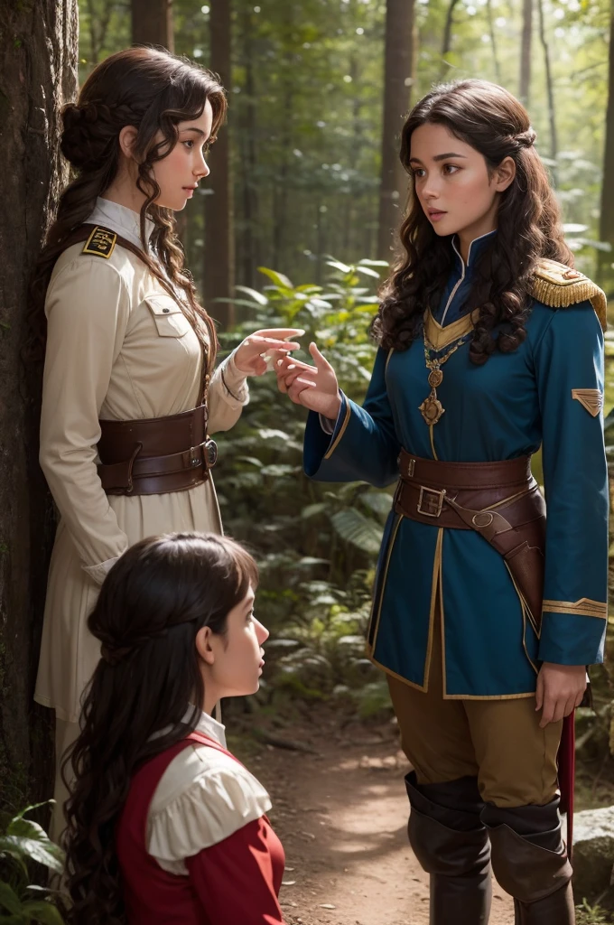 An adventurous brunette girl with curly hair wearing an adventurer uniform talking to a king about a far away place