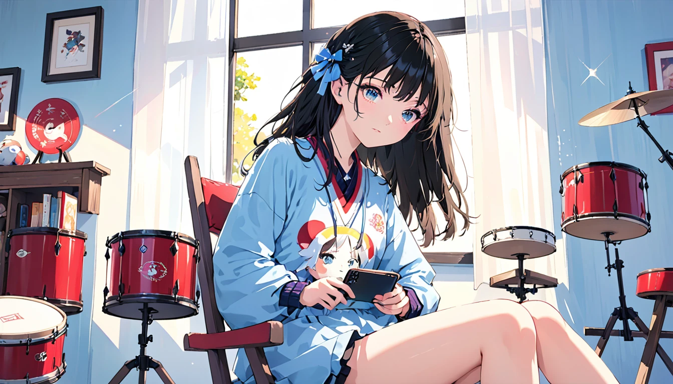 (Absurd:1.1, High resolution:1.1, 超detailed:1.1), 非常にdetailedな, 超detailed hair, (Fine grain:1.4), (Shining Eyes:1.3), thin, sad, Negative, cute, Perfectly symmetrical face, narr○w waist, 超cute girl, 超cute face, 超cute, Super beautiful, Beautiful colors, merry (Yanmar gauge),From wlop,((Great quality)), (Beautiful legs), smartphone, Upper body rest (Beautiful colors,detailed,Highest quality,Great quality,so beautiful), drum, Jersey, Chair, Lighting and Shadows(perspective), Lighting particles, colorful, masterpiece, Stylish room,