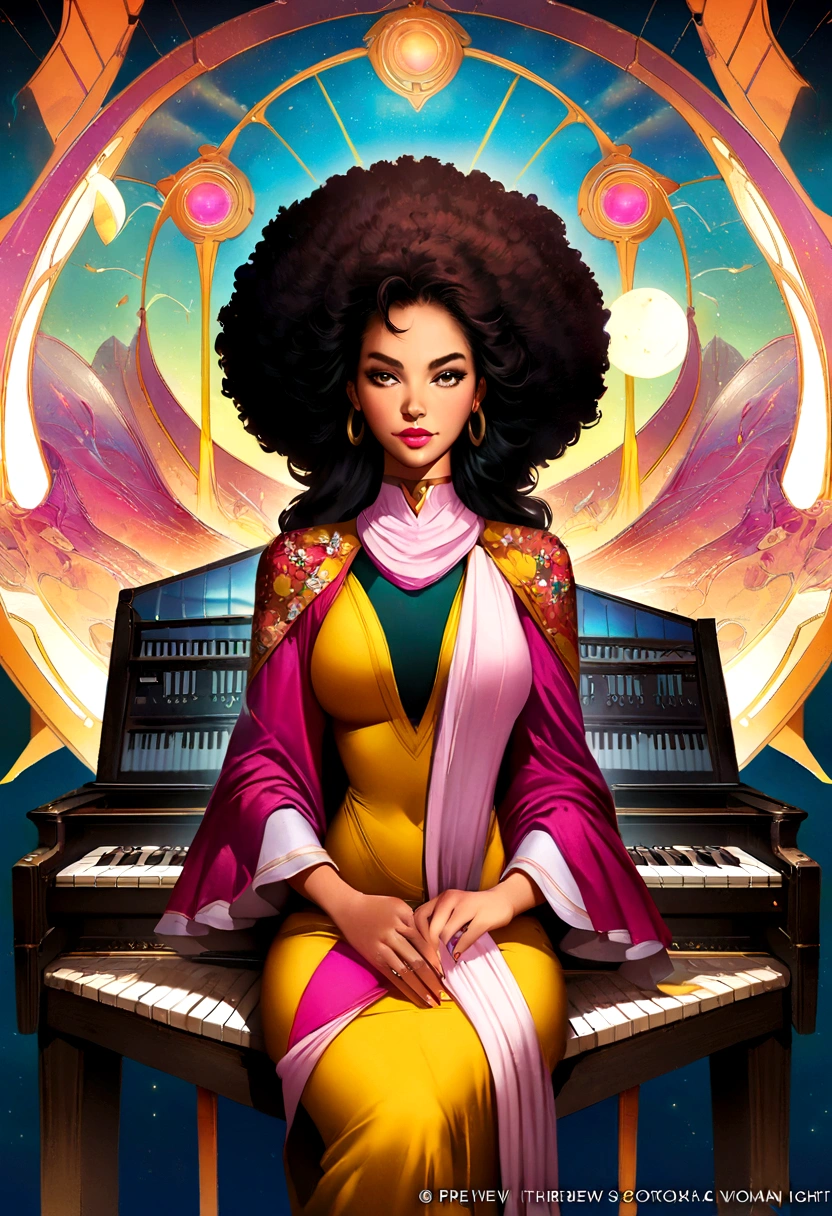 There is a bangladeshi light woman wearing sari sitting in front of a piano, medium long hair, Promotional Art, fanart, martin ansin artwork portrait, promotional image, hq artwork, art promotional, fanart, album art, official artwork, key art, promotional artwork, Siswave, digitalartist, Ashtelos, afro futurism, jen bartel, keyboardist, blend