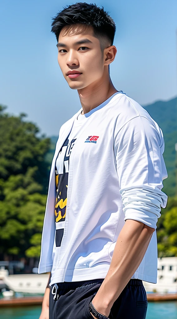 ((Highest quality, 8K, Masterpiece:1.3)),Thailand Laos Burma Asia,Thai man buzz haircut,A handsome Asian sport short hair,a muscular beard,and big muscles.,1A man who has,yo,Good appearance,Beautiful nose,Detailed eyes and face,beautiful light,(studio),high resolution,(Look at the viewer.),Fine mouth,whole body:1.5,perfect shape:1.3,Picture of both shoulders:1.3,(t-shirt:1.2),black cargo pants,wristband,landscape,(The background is Bokeh:1.2),on the sea,(open_jacket:1.3),