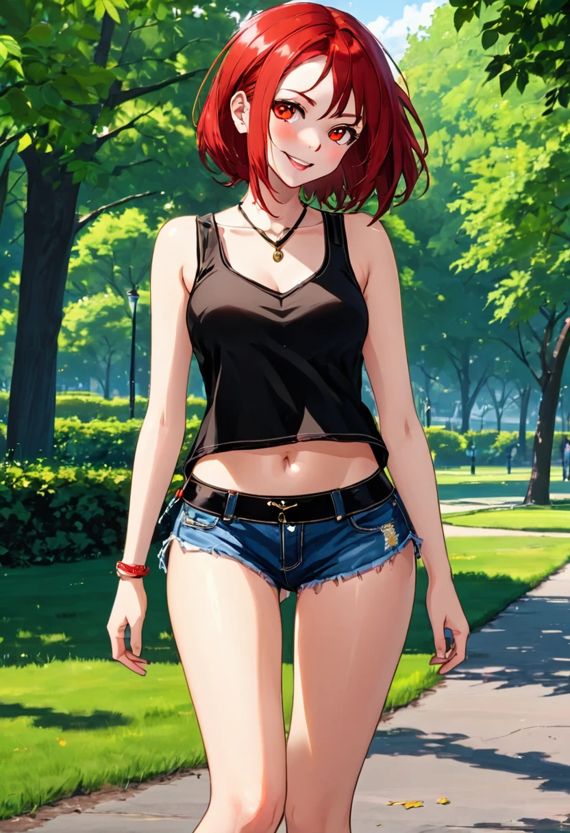 ((High Quality image 10k)) (( perfect autonomy)) Masterpiece, solo girl, brown eyes, red hair, wearing sleeveless black shirt, blue jean shorts, shorts are falling down, cute panties, sexy panties, evil smug grin, barefoot, Standing, in the park