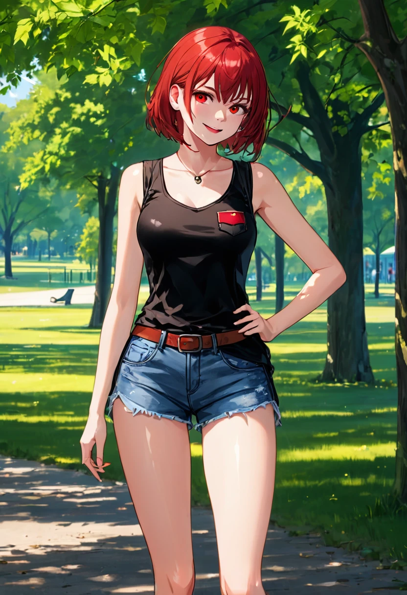 ((High Quality image 10k)) (( perfect autonomy)) Masterpiece, solo girl, brown eyes, red hair, wearing sleeveless black shirt, blue jean shorts, shorts are falling down, cute panties, sexy panties, evil smug grin, barefoot, Standing, in the park 