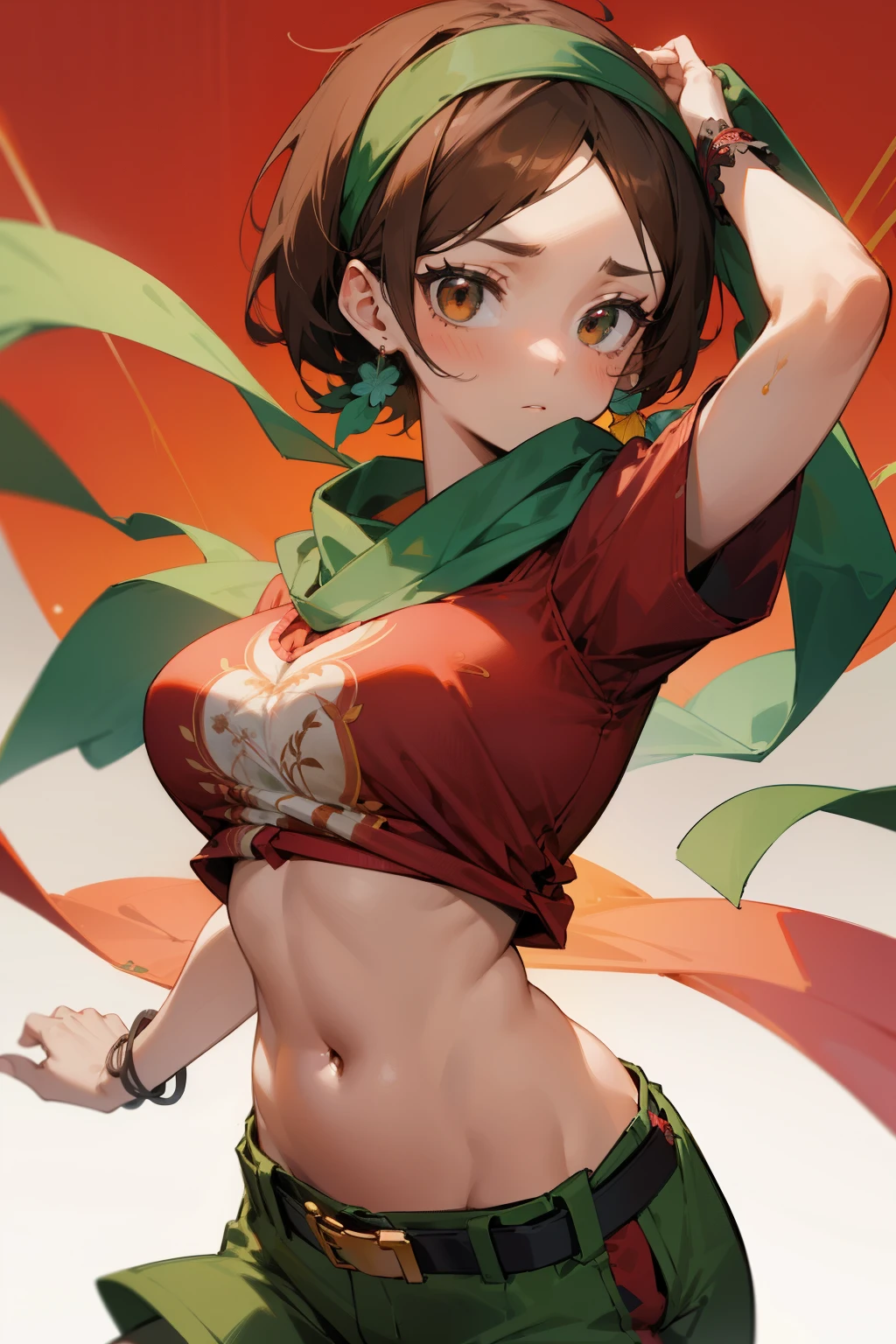Cute girl, Shawl and headband, Brown eyes, Red short-sleeved shirt, Short green pants, big breasts, Decorations and embroidery on clothes, Black belt, exposed stomach