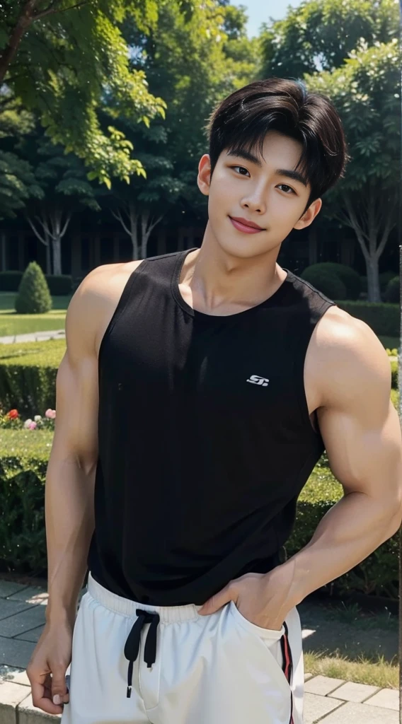 (As a matter of fact, Masterpiece, 8k HD, good light quality, sportswear, fit the face, complicated details), A handsome, muscular young Korean man. , 20 years old, be happy, smile brightly, detailed face, delicate eyes, มองดูsky, Wear a tight black t-shirt.:1.6, period, black eyes, Black hair color, ผมsmooth, smooth, outdoor sports, Along the garden, Sunny,sky，Surreal，Awesome details，Highest quality，real，Open your mouth to talk.