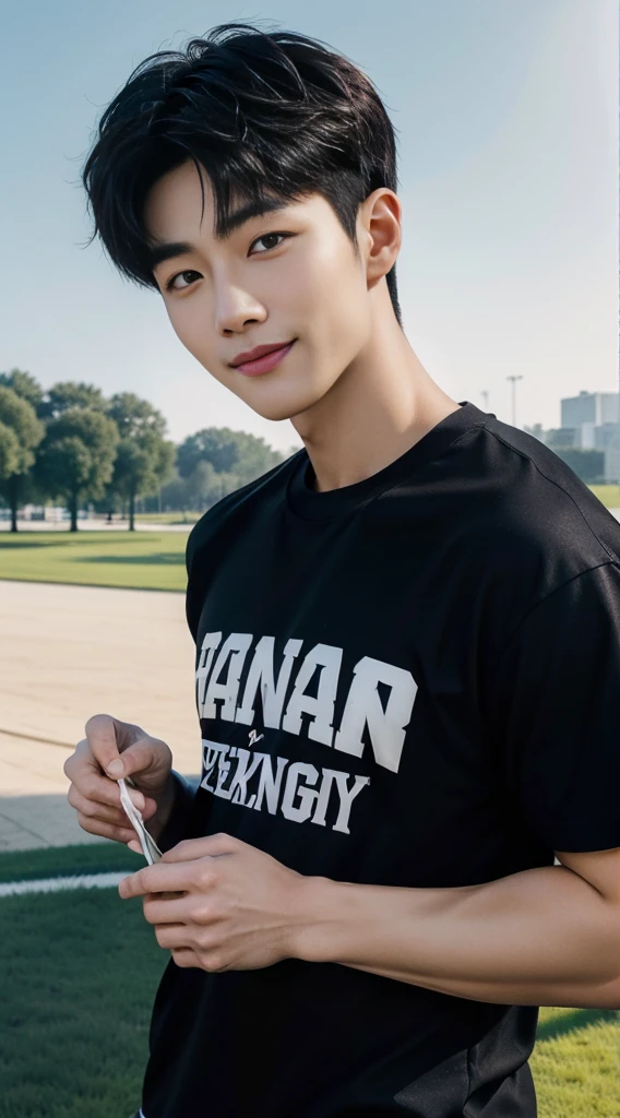 (As a matter of fact, Masterpiece, 8k HD, good light quality, sportswear, fit the face, complicated details), A handsome, muscular young Korean man. , 20 years old, be happy, smile brightly, detailed face, delicate eyes, มองดูsky, Wear a tight black t-shirt.:1.6, period, black eyes, Black hair color, ผมsmooth, smooth, outdoor sports, Along the garden, Sunny,sky,Surreal,Awesome details,Highest quality,real,Open your mouth to talk.