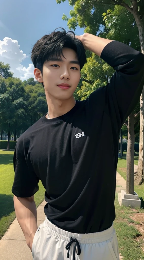 (As a matter of fact, Masterpiece, 8k HD, good light quality, sportswear, fit the face, complicated details), A handsome, muscular young Korean man. , 20 years old, be happy, smile brightly, detailed face, delicate eyes, มองดูsky, Wear a tight black t-shirt.:1.6, period, black eyes, Black hair color, ผมsmooth, smooth, outdoor sports, Along the garden, Sunny,sky，Surreal，Awesome details，Highest quality，real，Open your mouth to talk.