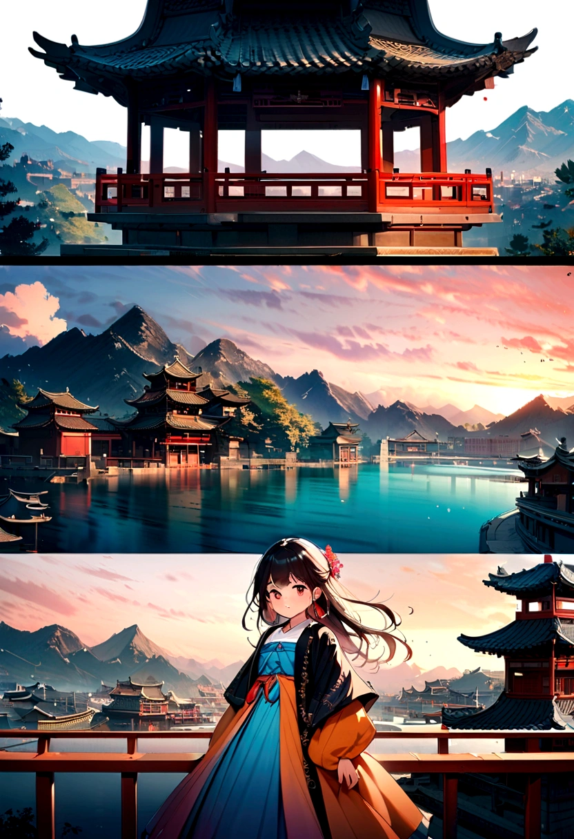 A beautiful girl ,Put on gorgeous Hanfu, Chinese Architecture, landscape