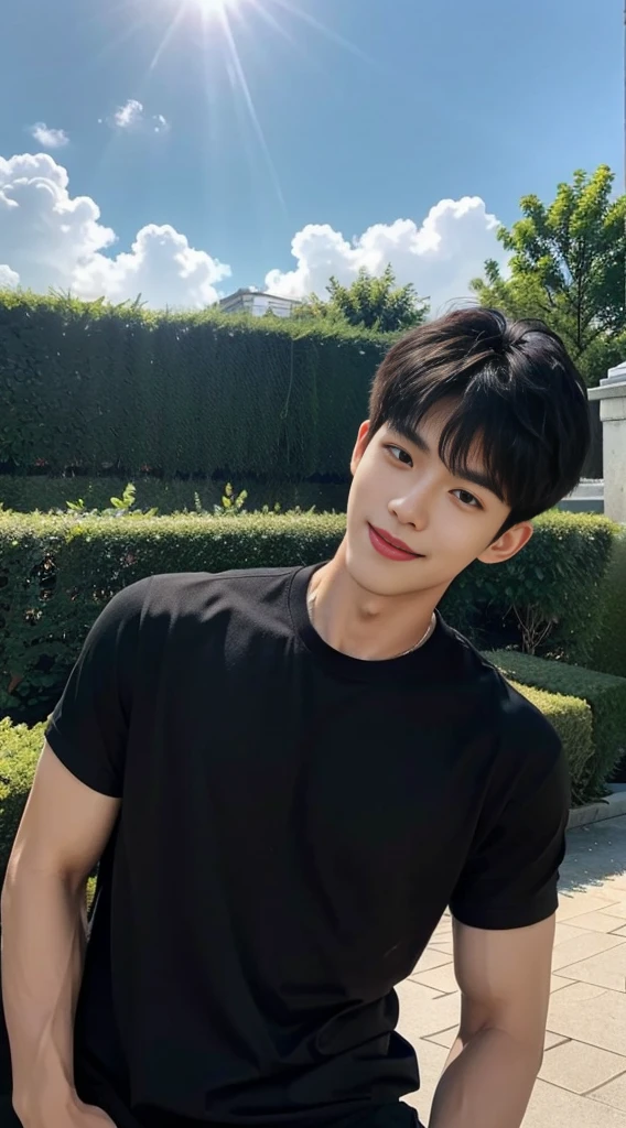 (As a matter of fact, Masterpiece, 8k HD, good light quality, sportswear, fit the face, complicated details), A handsome, muscular young Korean man. , 20 years old, be happy, smile brightly, detailed face, delicate eyes, มองดูsky, Wear a tight black t-shirt.:1.6, period, black eyes, Black hair color, ผมsmooth, smooth, outdoor sports, Along the garden, Sunny,sky，Surreal，Awesome details，Highest quality，real，Open your mouth to talk.
