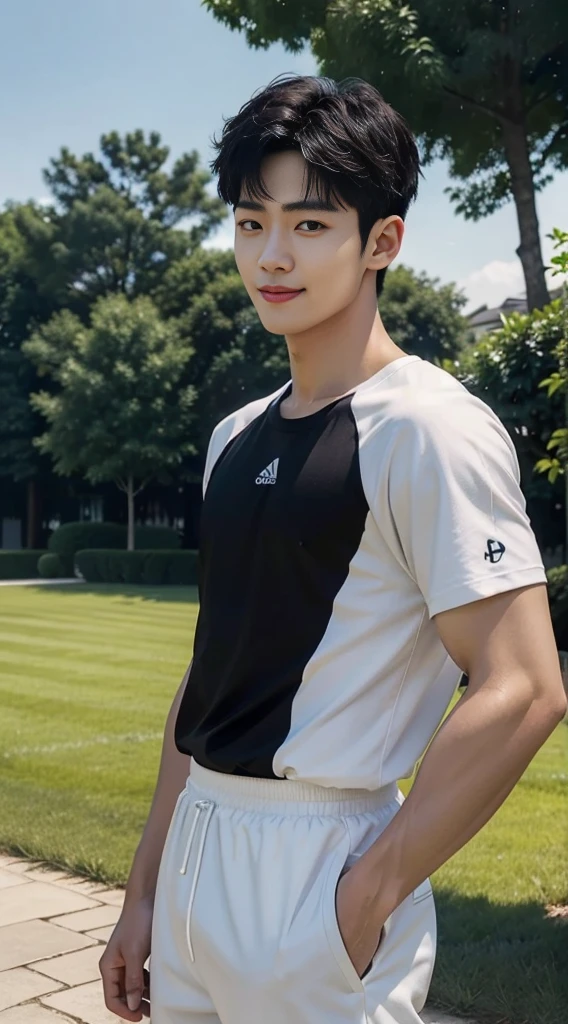 (As a matter of fact, Masterpiece, 8k HD, good light quality, sportswear, fit the face, complicated details), A handsome, muscular young Korean man. , 20 years old, be happy, smile brightly, detailed face, delicate eyes, มองดูsky, Wear a tight black t-shirt.:1.6, period, black eyes, Black hair color, ผมsmooth, smooth, outdoor sports, Along the garden, Sunny,sky，Surreal，Awesome details，Highest quality，real，Open your mouth to talk.