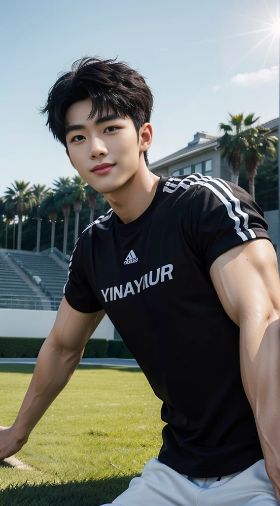 (As a matter of fact, Masterpiece, 8k HD, good light quality, sportswear, fit the face, complicated details), A handsome, muscular young Korean man. , 20 years old, be happy, smile brightly, detailed face, delicate eyes, มองดูsky, Wear a tight black t-shirt.:1.6, period, black eyes, Black hair color, ผมsmooth, smooth, outdoor sports, Along the garden, Sunny,sky,Surreal,Awesome details,Highest quality,real,Open your mouth to talk.