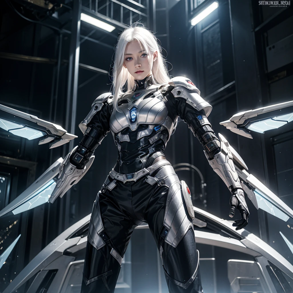 A realistic German albino with white hair, fully body, with roots of light in the skin, electric metallic wings and silver eyes quantum robotic armor pants