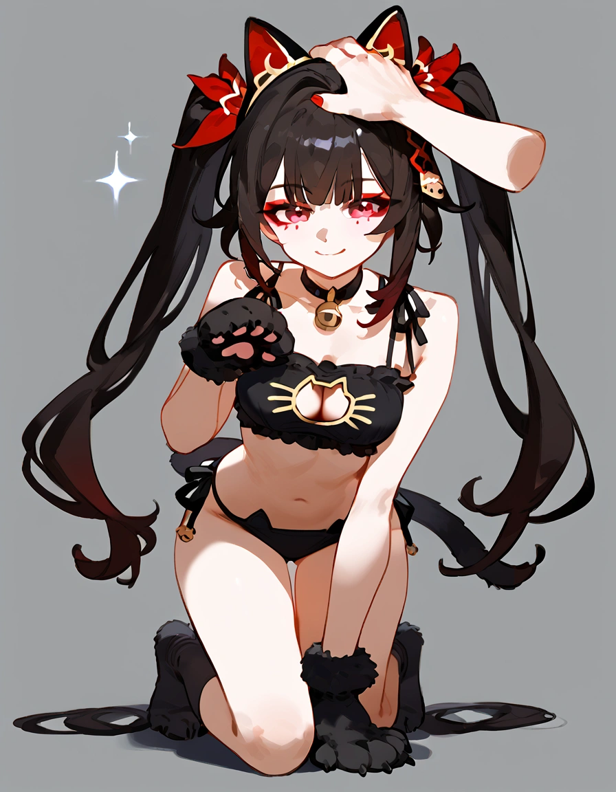 anime artwork, score_9, score_8_up, score_7_up, score_6_up, score_5_up, score_4_up,sparkle \(honkai: star rail\),1girl, twintails, black hair, medium breasts, red eyes, red eyeshadow, ,
, , , , she is 24 years old, , ,horny, , , , style_3, ,,, floox style, grey background,headpat,black cat lingerie, disembodied hand, petting, ,smile, black paw gloves, paws, on knees, cat socks,naughty_face , paw pose, cat tail, fake cat ears