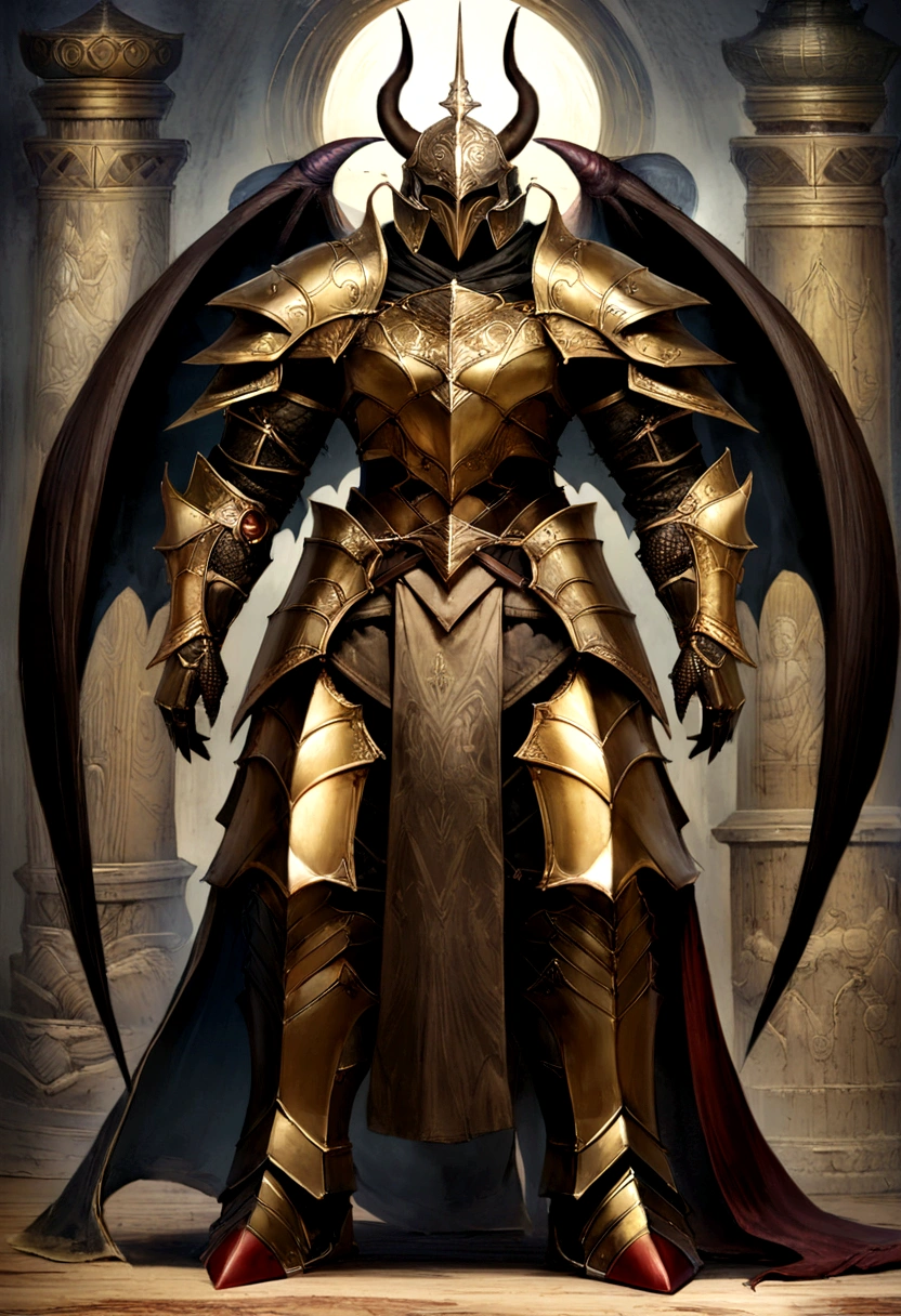 warrior, Concept Art, author:Kishi Iwasora, fantasy art, Zen temple background, clean rendering, Horned, Put on a suit of armor, Detailed bushido form smoke, Helmet of the Forgotten God, The character is standing, 8k realistic, in game rendering, Detailed facial background details, Art site home page, bull, pseudo-medieval fantasy, God wearing koi armor, Detailed bronze armor, bronze armor, gold etched armor, Gold Obsidian Armor, Light golden armor, Gorgeous filigree armor, A demonic warrior, Gorgeous armor covered with thorns, Complex assassin armor, Complex metal armor, powerful warrior, Wearing gorgeous golden armor,Decorated with intricate patterns, The helmet has a large crown and two horns, Everything is in the dark, The smoky background suggests a battle scene, Adds an ominous atmosphere to the character,Demon's giant demon wings,submit, full-body shot.