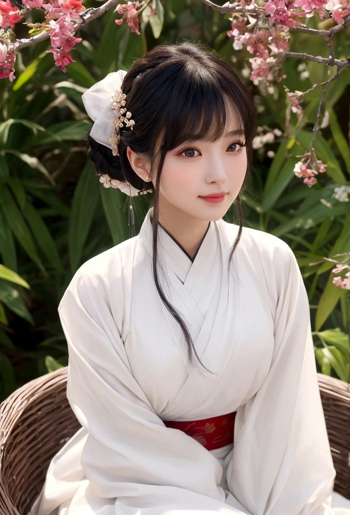 Face close-up, Ultra-fine face,woman, Chinese style, Ancient Wind,Hanfu, Sitting pose, Long white hair, Delicate clothing patterns, Elegance, Gorgeous, Elegance, smile,Sky Sky, ribbon,Sense of brokenness, It is, Bubble, Double up braid, Hairline, Diagonal bangs, hair band, hair ornaments,Sparkling, Cinema Lighting, Hyper HD, High resolution, 最high quality, 8K, High detail, high quality, Super Detail, Anatomically correct, masterpiece, Accurate,plump,Landscape painting,screen、Thighs