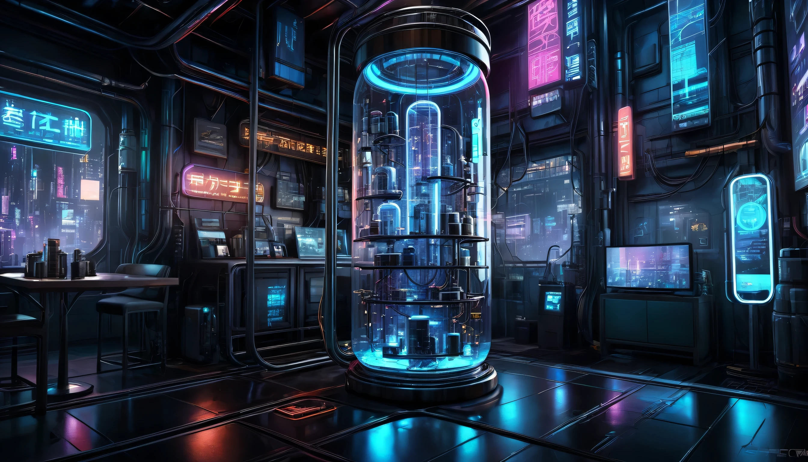 Cyberpunk style glass jar，No fish，Lots of high-tech wires，Pipe connections，Slender cylindrical，Transparent glass，light，Blue technology atmosphere，The background is a network city, （masterpiece），（best quality），（Best details