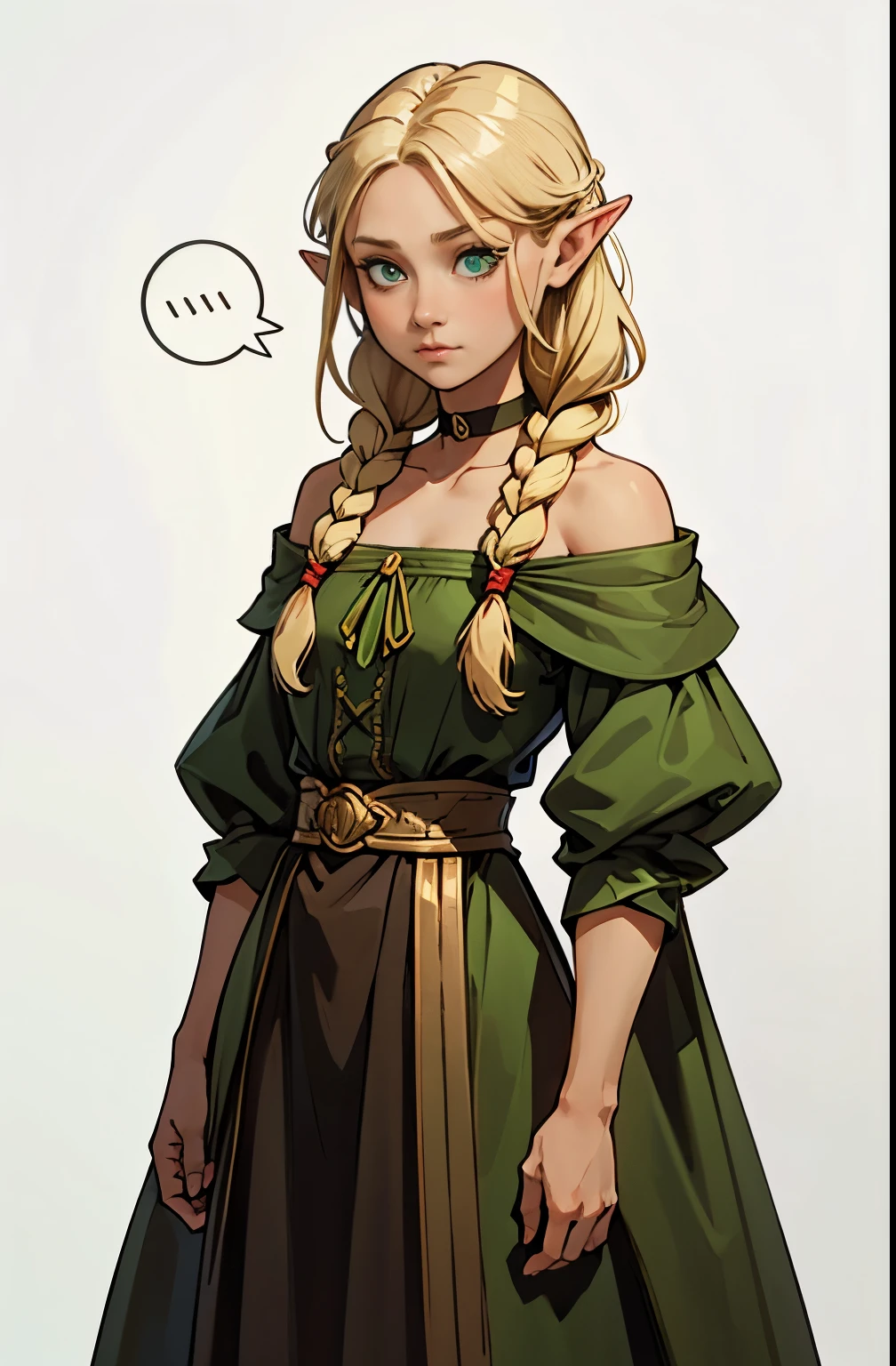 masTerpiece, besT qualiTyï¼ ï¼poinTy ears, braid, standing alone, greeneyes, ..., Leprechaun, hair blonde, whiTe background, choker, 1 girl, long hair, Hair over the shoulder, simple background, single braid, spoken ellipsis, :T, trunk, mantea, pouT