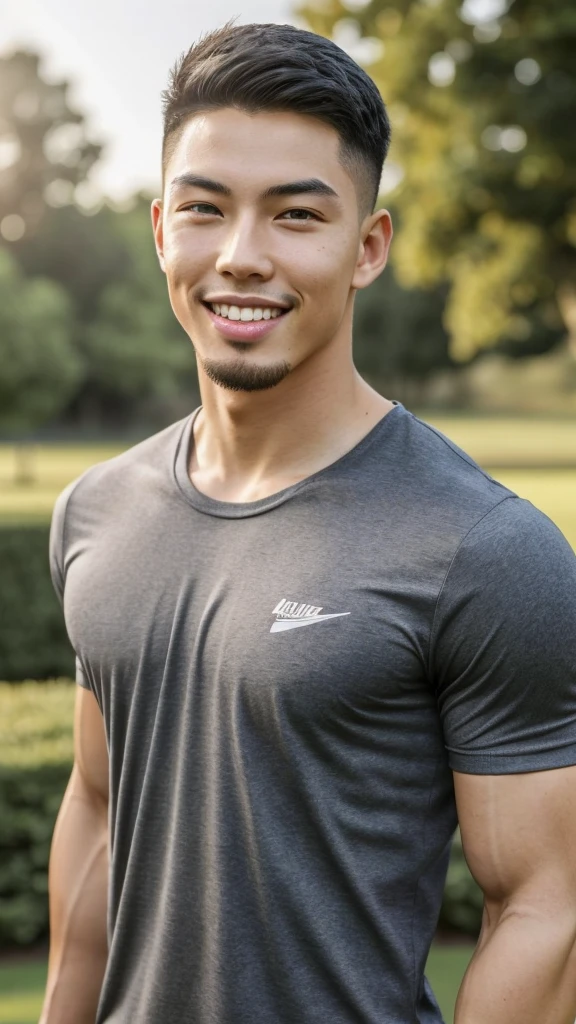Tony Labrusca, (As a matter of fact, Masterpiece, 8k HD, good light quality, sportswear, fit the face, complicated details), A handsome, muscular young Korean man. , 20 years old, be happy, smile brightly, detailed face, delicate eyes, มองดูsky, Wearing a tight gray t-shirt, period, black eyes, Black hair color, ผมsmooth, smooth, outdoor sports, Along the garden, Sunny,sky，Surreal，Awesome details，Highest quality，real，