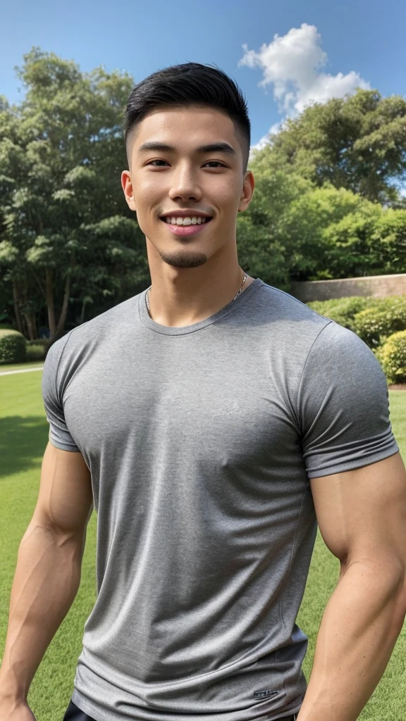 Tony Labrusca, (As a matter of fact, Masterpiece, 8k HD, good light quality, sportswear, fit the face, complicated details), A handsome, muscular young Korean man. , 20 years old, be happy, smile brightly, detailed face, delicate eyes, มองดูsky, Wearing a tight gray t-shirt, period, black eyes, Black hair color, ผมsmooth, smooth, outdoor sports, Along the garden, Sunny,sky,Surreal,Awesome details,Highest quality,real,