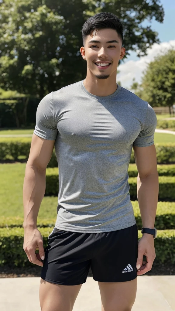 Tony Labrusca, (As a matter of fact, Masterpiece, 8k HD, good light quality, sportswear, fit the face, complicated details), A handsome, muscular young Korean man. , 20 years old, be happy, smile brightly, detailed face, delicate eyes, มองดูsky, Wearing a tight gray t-shirt, period, black eyes, Black hair color, ผมsmooth, smooth, outdoor sports, Along the garden, Sunny,sky,Surreal,Awesome details,Highest quality,real,