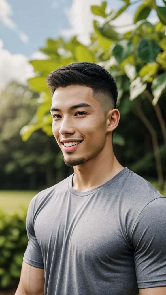 Tony Labrusca, (As a matter of fact, Masterpiece, 8k HD, good light quality, sportswear, fit the face, complicated details), A handsome, muscular young Korean man. , 20 years old, be happy, smile brightly, detailed face, delicate eyes, มองดูsky, Wearing a tight gray t-shirt, period, black eyes, Black hair color, ผมsmooth, smooth, outdoor sports, Along the garden, Sunny,sky，Surreal，Awesome details，Highest quality，real，